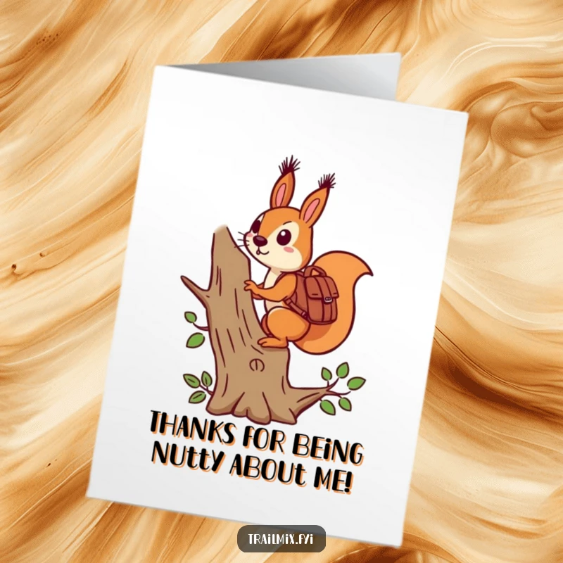 Funny Free Printable Thank You Card: Determined squirrel climbing with backpack, offering thanks, downloadable art.