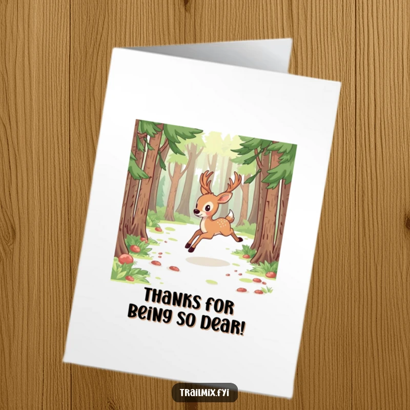Free Printable Thank You Card: An energetic deer bounds through a forest, conveying thanks with natural beauty.