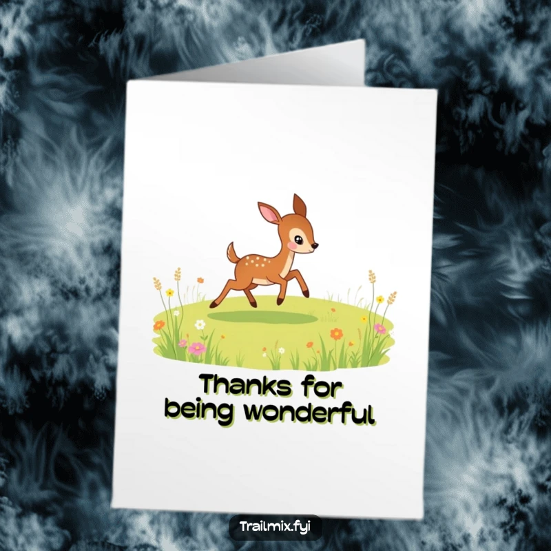 Funny Free Printable Thank You Card: A playful deer leaping across a meadow, conveying thanks with energetic and joyful movement.