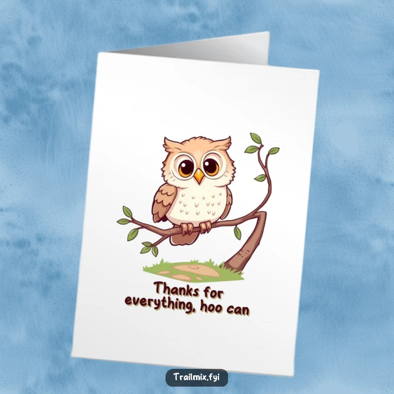 Funny Free Printable Thank You Card: Curious cartoon owl perched on a branch, looking down a path, showing thanks.