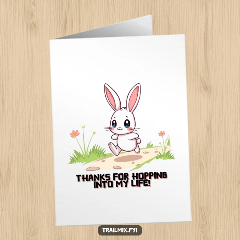 Funny Free Printable Thank You Card: Playful bunny hopping with a grateful expression, downloadable art.