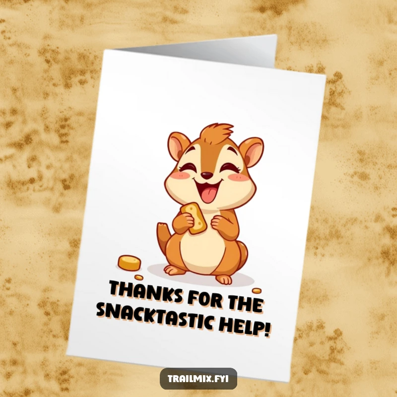 Funny Free Printable Thank You Card: Joyful cartoon chipmunk happily munching on a trail snack, expressing thanks.