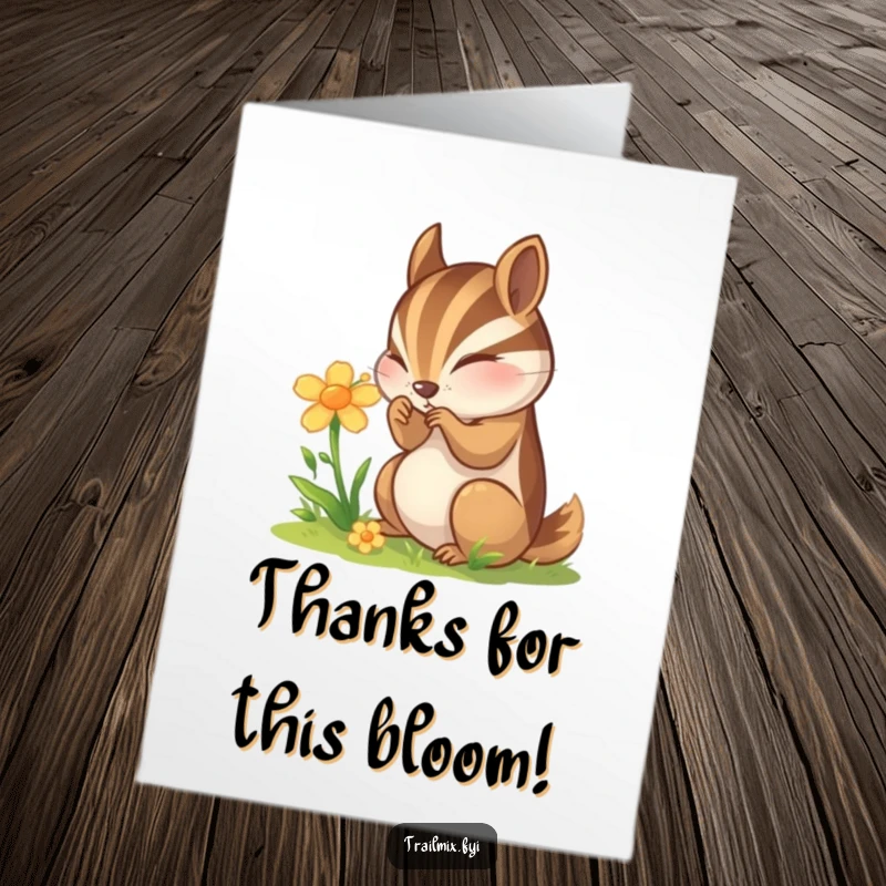 Funny Free Printable Thank You Card: Curious chipmunk admiring a beautiful wildflower with appreciation.