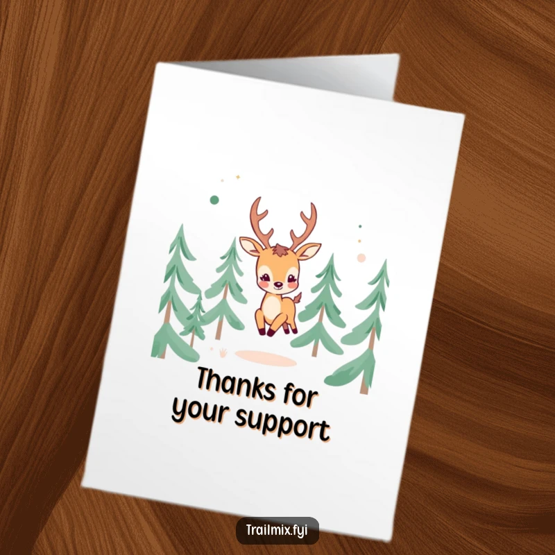 Funny Free Printable Thank You Card of a cheerful deer character frolicking through abstract pine trees, offering a serene and heartfelt thank you.