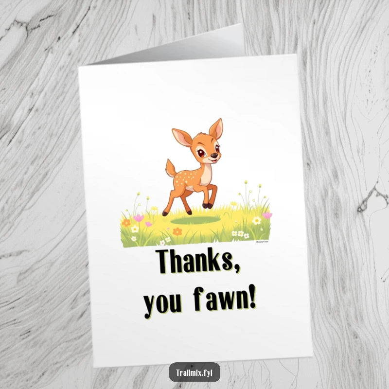 Funny Free Printable Thank You Card: A gleeful deer fawn bounding through a meadow to say thanks.