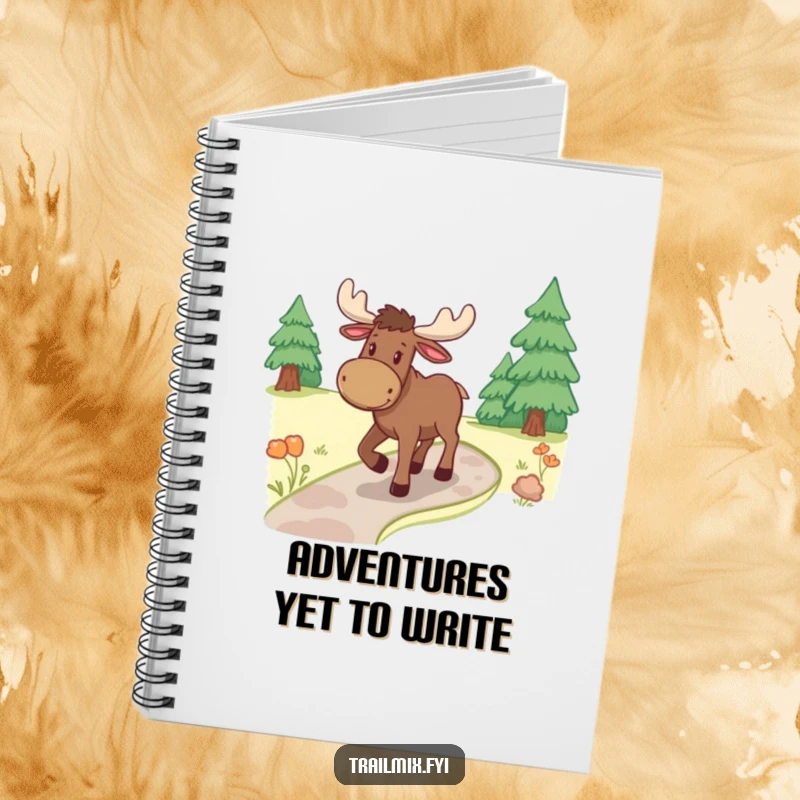 Funny moose notebook, cover features a cheerful moose ambling along a winding path, inspiring thoughts and creativity.