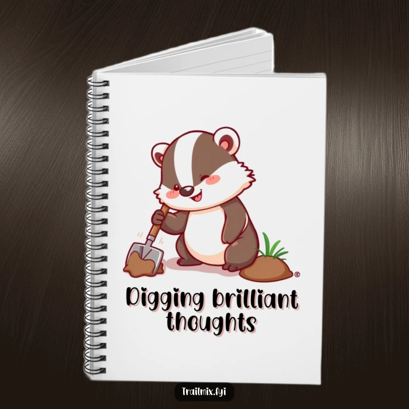 Funny notebook featuring an enthusiastic badger digging with a trowel, perfect for jotting down plans and ideas.