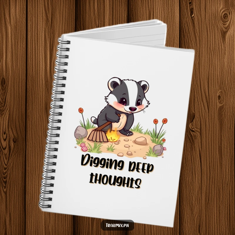 Funny notebook features an energetic badger digging enthusiastically, designed for jotting down notes with a touch of driven humor.