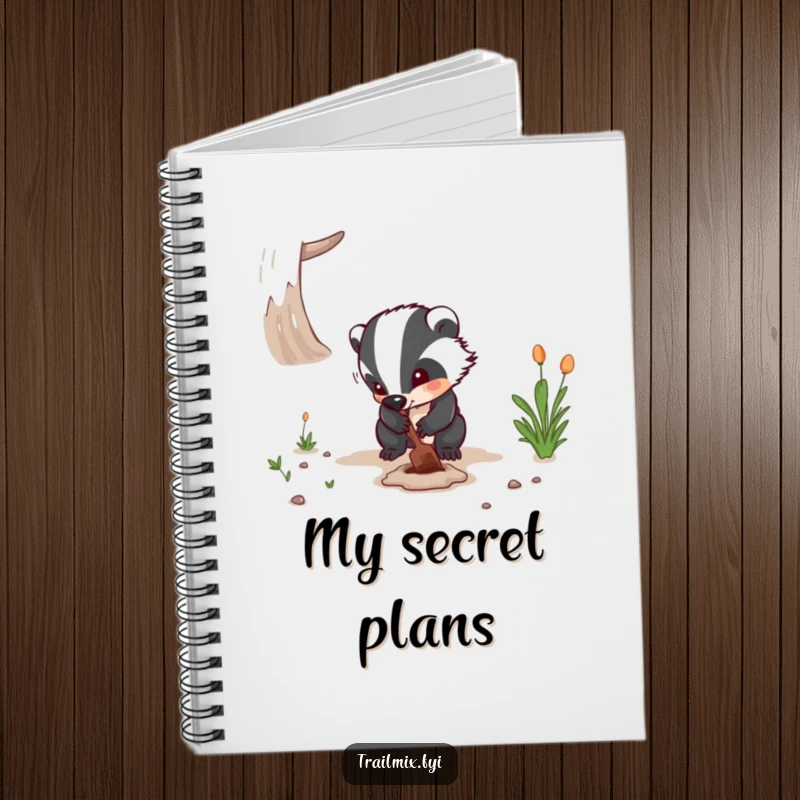 Funny notebook cover with a determined badger digging on a path, perfect for jotting down plans and a great funny gift.