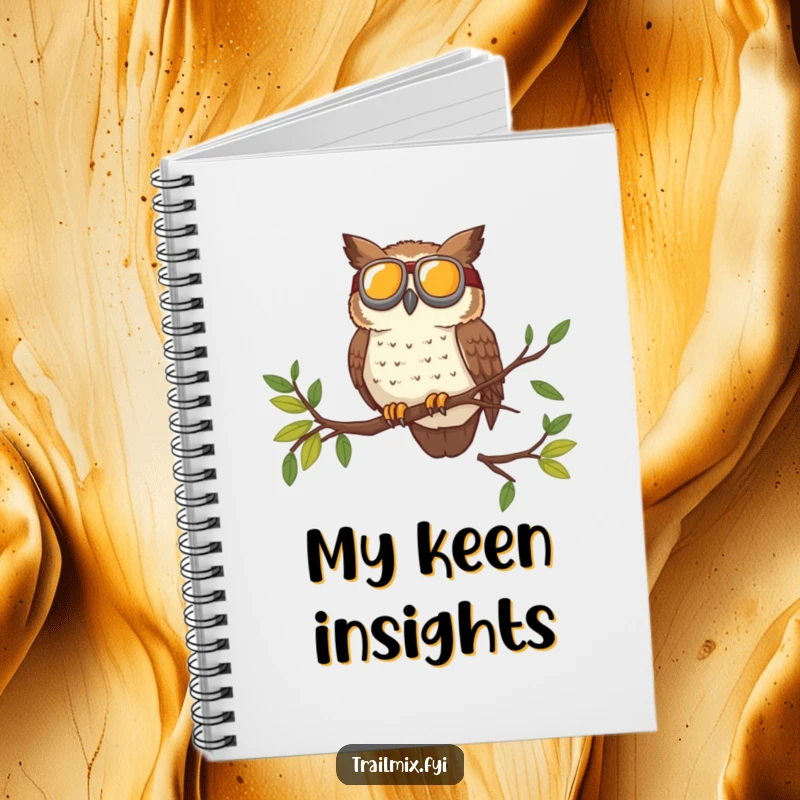 Funny notebook with a brave owl wearing goggles surveying the trail from a high branch, ideal for planning and notes.