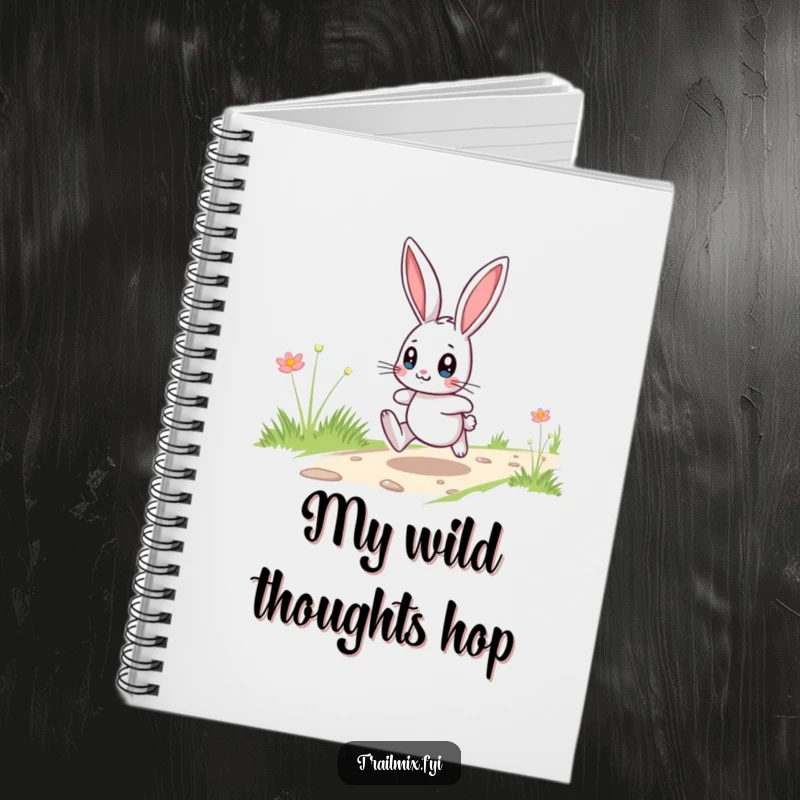 Funny playful bunny hopping with wide eyes on a notebook cover, ideal for jotting down notes with a cheerful twist.