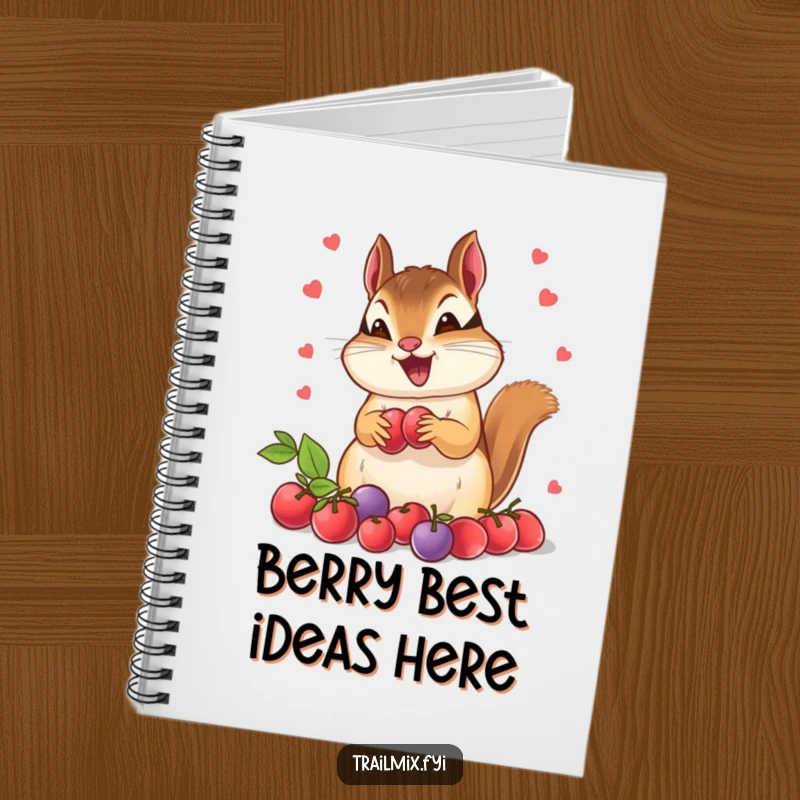 Funny chipmunk notebook cover, showing an overloaded chipmunk with berries, symbolizing eagerness and productivity. Great for note-taking.