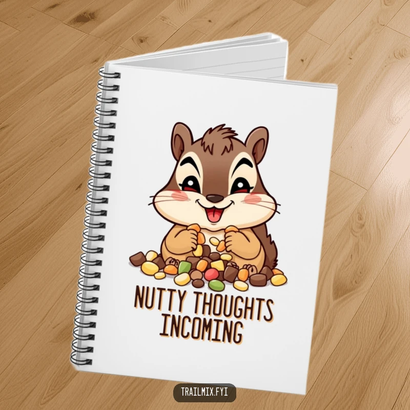 Funny chipmunk notebook, cover features a happy character enthusiastically munching trail mix, inspiring creativity and joy.
