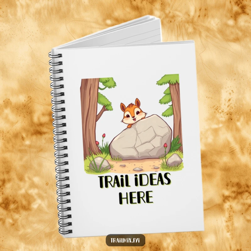 Funny notebook features a cheerful chipmunk peeking from behind a rock, designed for jotting down notes with a touch of outdoor humor.