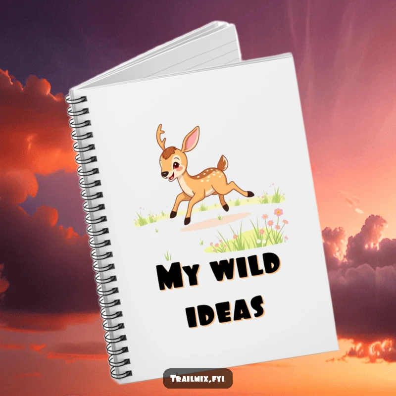 Funny notebook with a joyful deer bounding across a meadow on the cover, perfect for writing and a delightful funny gift.
