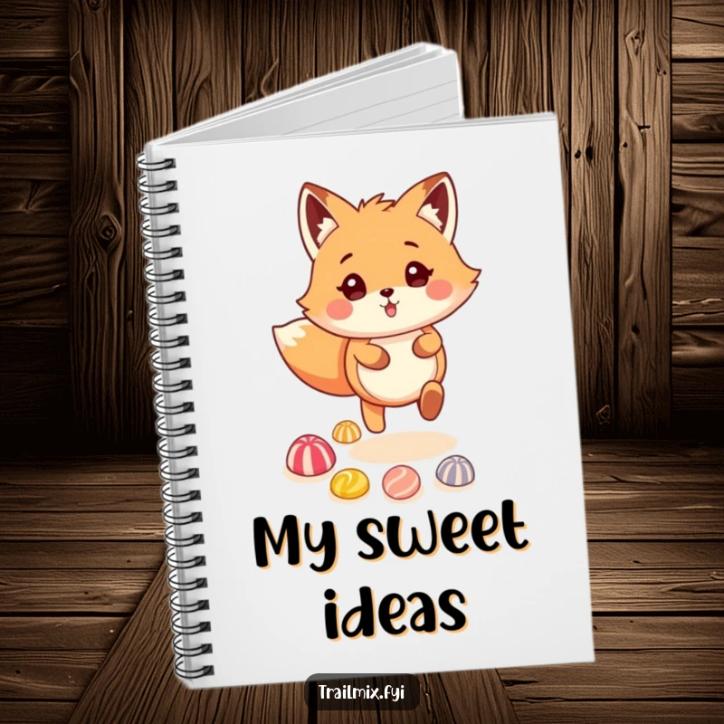 Funny fox skipping on a colorful candy trail on a notebook cover, a humorous and inspiring item.