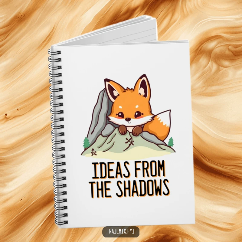 Funny fox peeking from behind a mountain on a notebook cover, ideal for jotting down thoughts with a humorous touch.