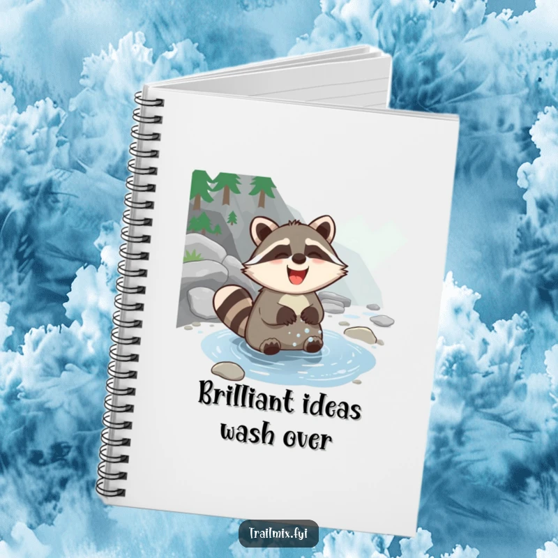 Funny Raccoon Notebook with a giggling raccoon washing paws in a clear stream, ideal for journaling, note-taking, and creative brainstorming.