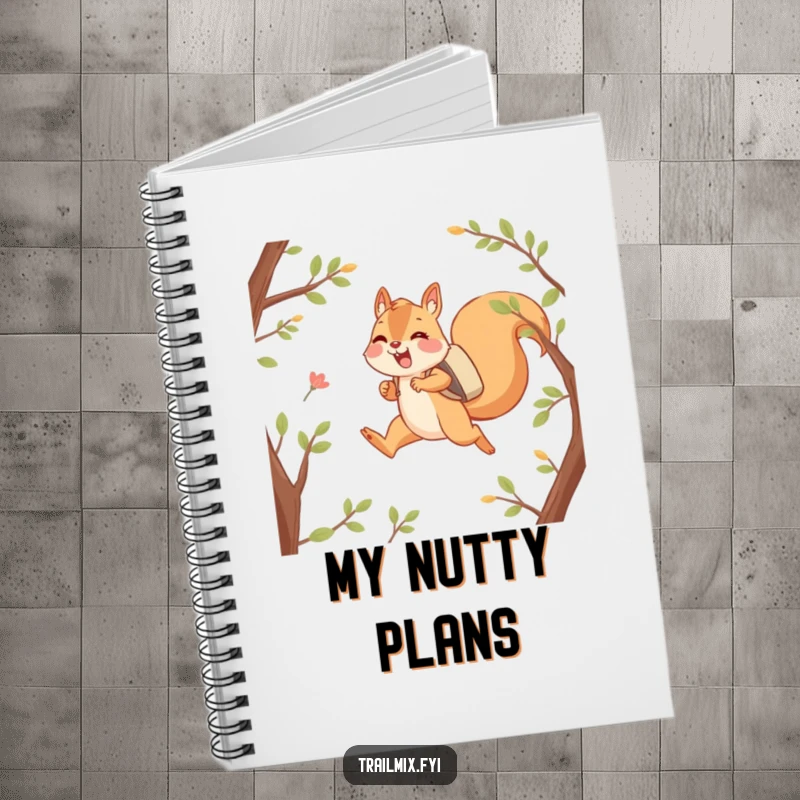 Funny notebook with a happy squirrel character joyfully leaping between branches with a backpack, ready for jotting down adventure plans.