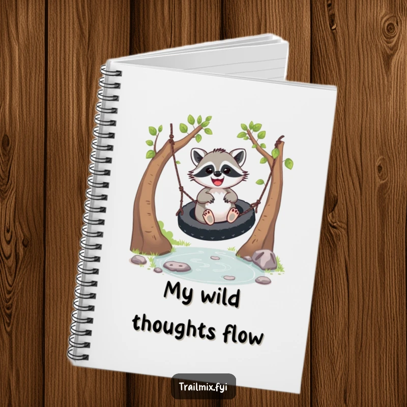 Funny joyful racoon notebook cover, showing a racoon gleefully swinging. Whimsical and inspiring stationery.