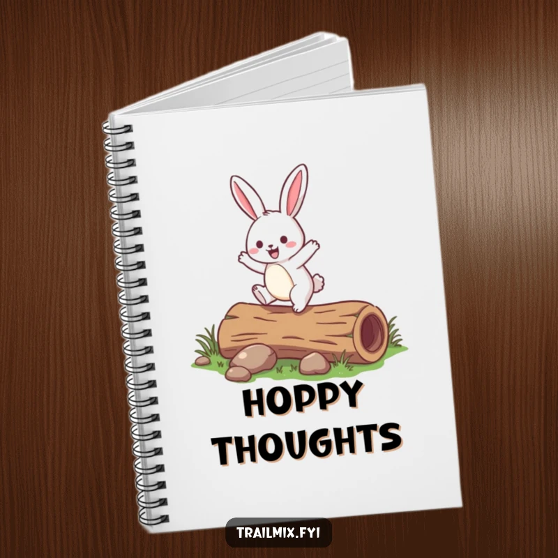 Funny rabbit notebook featuring a jovial rabbit hopping over a small fallen log, inspiring lively notes and creative thoughts.