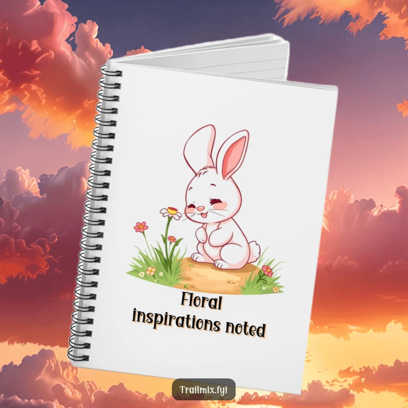 Funny rabbit notebook with a giggling character curiously sniffing a wildflower on a path, ideal for notes and creative ideas.