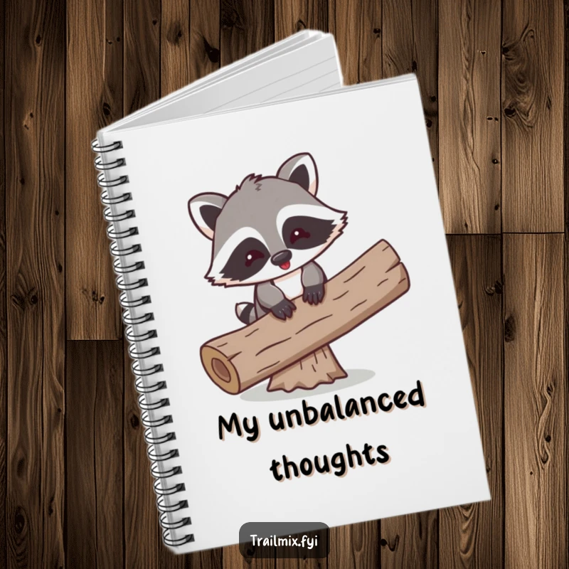 Funny notebook with a playful cartoon raccoon comically balancing on a log, ideal for jotting down fun thoughts.