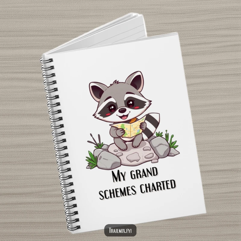Funny happy raccoon with a map navigating a rocky path on a notebook, for planning adventures humorously.