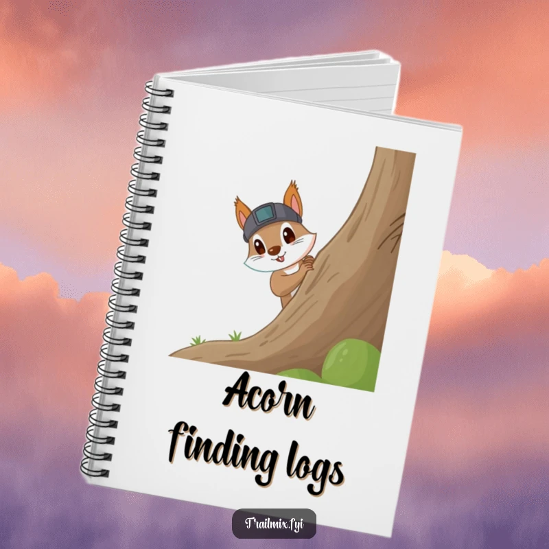 Funny Squirrel Notebook: Cover displays a curious squirrel wearing a headlamp, excitedly peeking around a large tree, ready for any investigation.