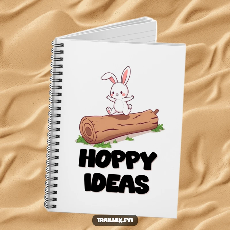 Funny energetic bunny character joyfully skipping over a fallen log on the cover of a notebook.