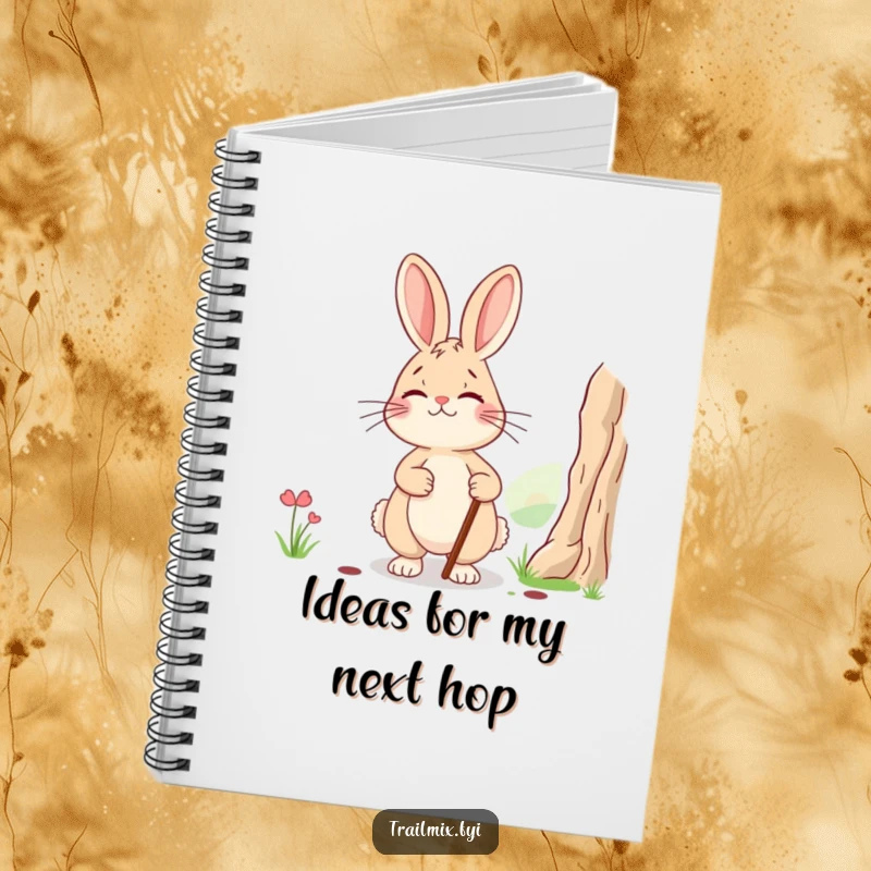 Funny notebook: a smiling, tired rabbit with a walking stick pausing to admire a scenic view, perfect for journaling and creative writing.