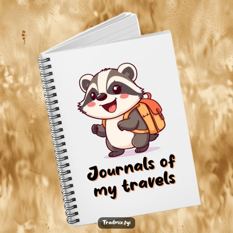 Funny notebook with a smiling cartoon badger enthusiastically carrying a small knapsack, ideal for documenting journeys.