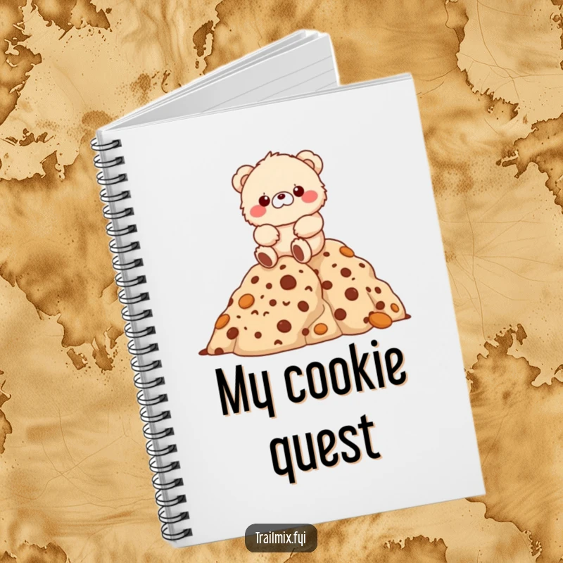 Funny fluffy bear character joyfully hiking up a mountain of cookies on a notebook cover.