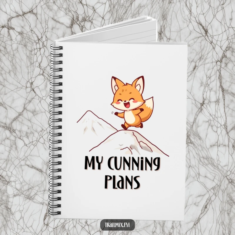 Funny fox notebook with a delighted character playfully bounding up a mountain slope, ideal for notes and creative exploration.