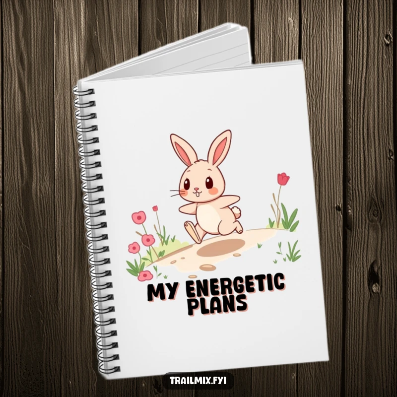 Funny notebook cover with a playful rabbit hopping energetically on a trail, encouraging active note-taking and creativity.
