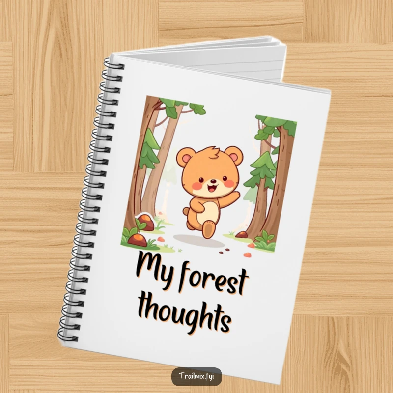Funny bear cub notebook featuring a delighted bear cub skipping along a forest path, encouraging happy note-taking.