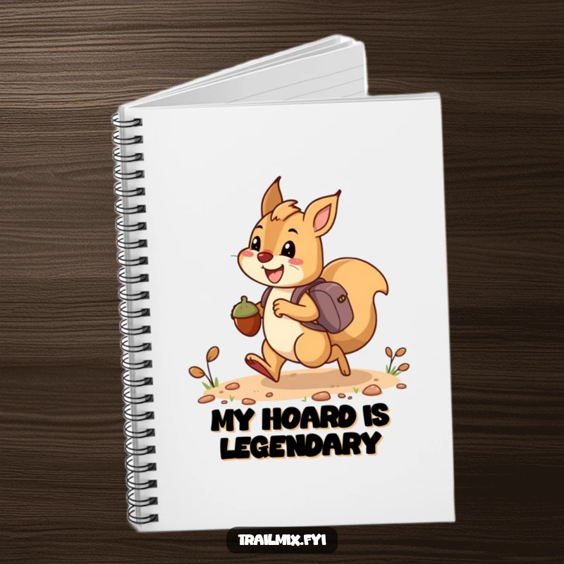 Funny notebook cover featuring a happy squirrel bounding along a trail, carrying acorns like tiny backpacks, ready for your notes.