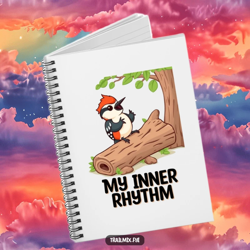 Funny notebook cover with a happy woodpecker tapping a rhythm on a log, perfect for notes and a delightful funny gift.