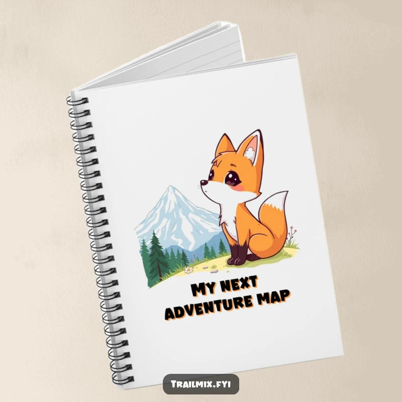Funny notebook cover with a curious fox gazing at a mountain landscape, encouraging exploration and creativity.