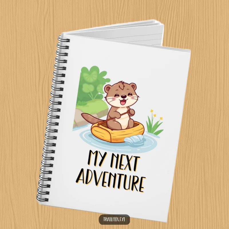 Funny notebook cover featuring a smiling otter paddling a small raft, perfect for jotting down notes with a humorous, aquatic theme.