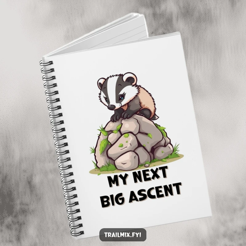 Funny notebook features a tenacious badger climbing a small mossy boulder, inspiring notes with a dose of humorous grit.