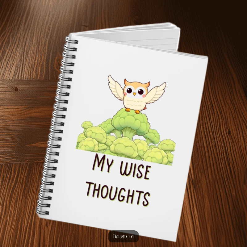 Funny owl character flying over a broccoli forest on a notebook cover, a funny and functional item.