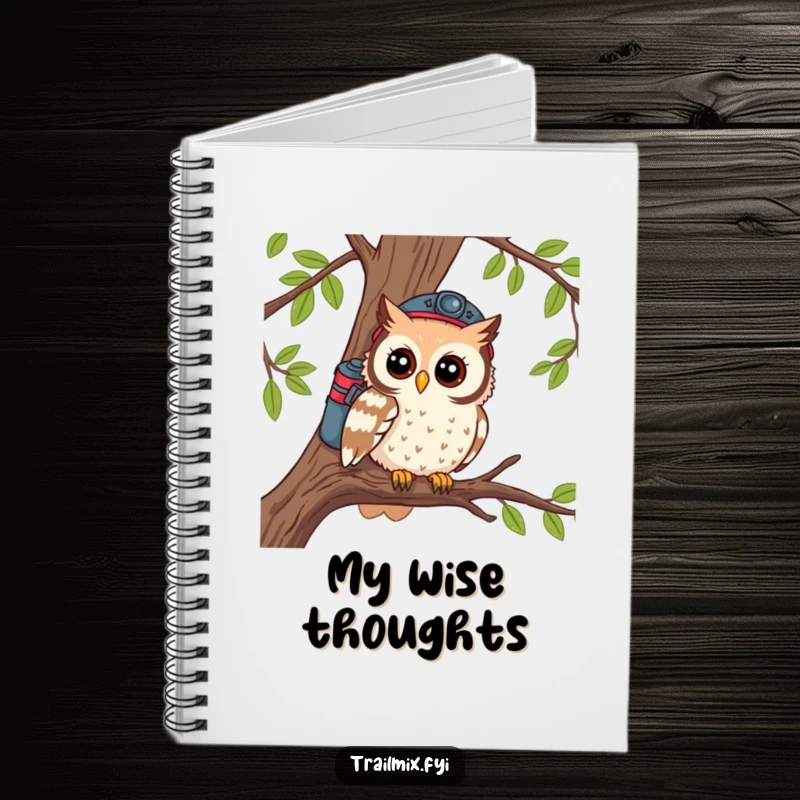 Funny notebook cover featuring a curious owl hiker perched on a branch, inspiring thoughtful note-taking.