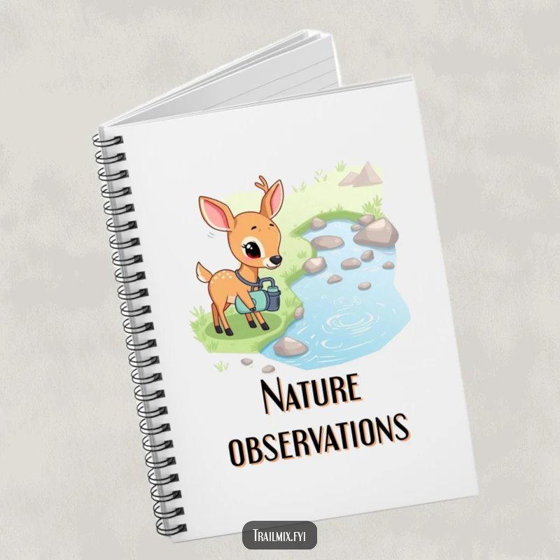 Funny notebook with a shy deer with a canteen curiously observing a bubbling stream, ideal for journaling and reflections.