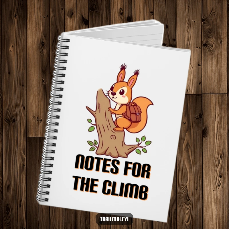 Funny determined squirrel with backpack climbing a tree on a notebook, for documenting ambitions humorously.