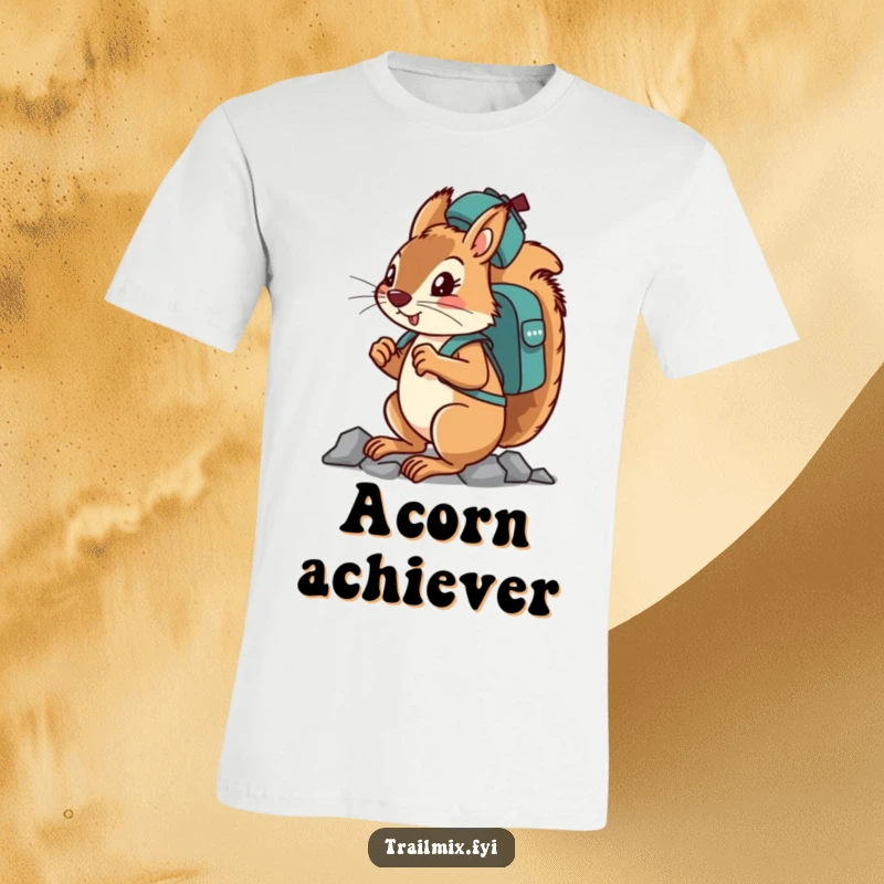 Funny determined squirrel character balancing a backpack on its head while climbing on a t-shirt.