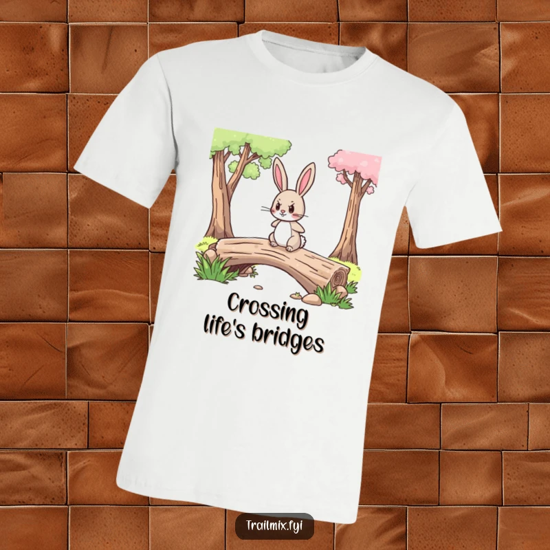 Funny t-shirt design of a brave rabbit with a determined expression confidently crossing a log bridge, showing courage.