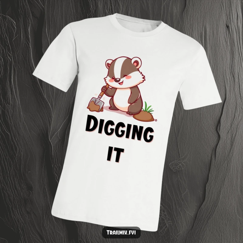 Funny t-shirt depicting an enthusiastic badger digging with a trowel, a humorous and active wearable design.