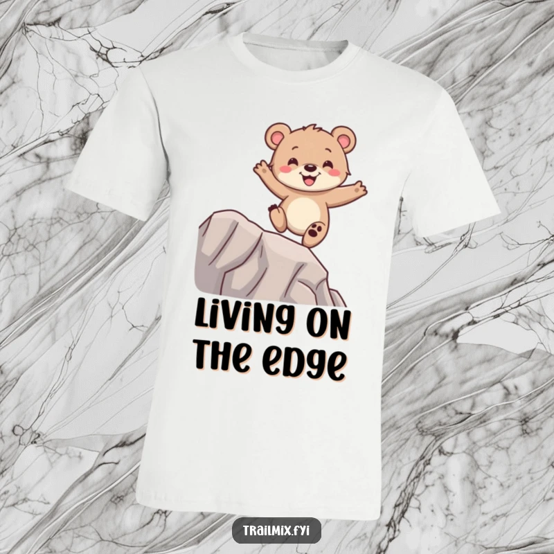 Funny bear cub t-shirt, gleefully balancing on a ridge, happy expression, perfect for lighthearted individuals.