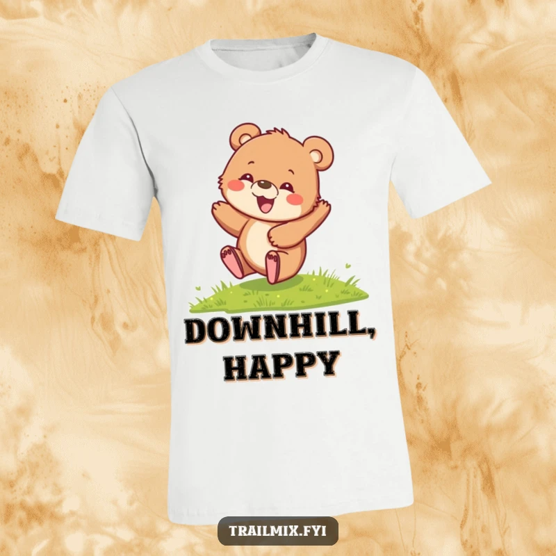 Funny Bear Cub T-Shirt showing a delighted cub gleefully rolling down a green hill, capturing the essence of playful abandon and happiness.
